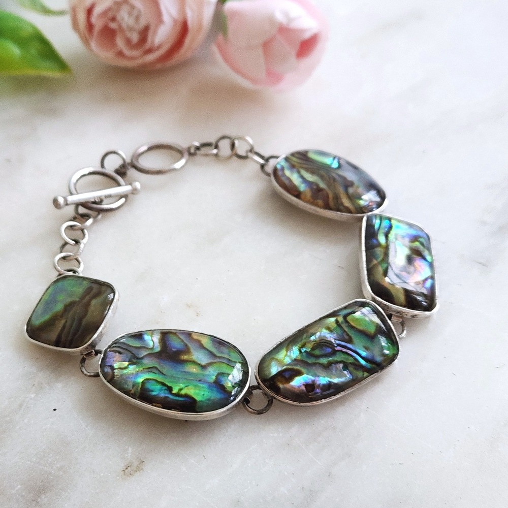 LUC 925 Sterling Silver Abalone Shell Toggle Link Bracelet Iridescent Boho - Picture 2 of 6